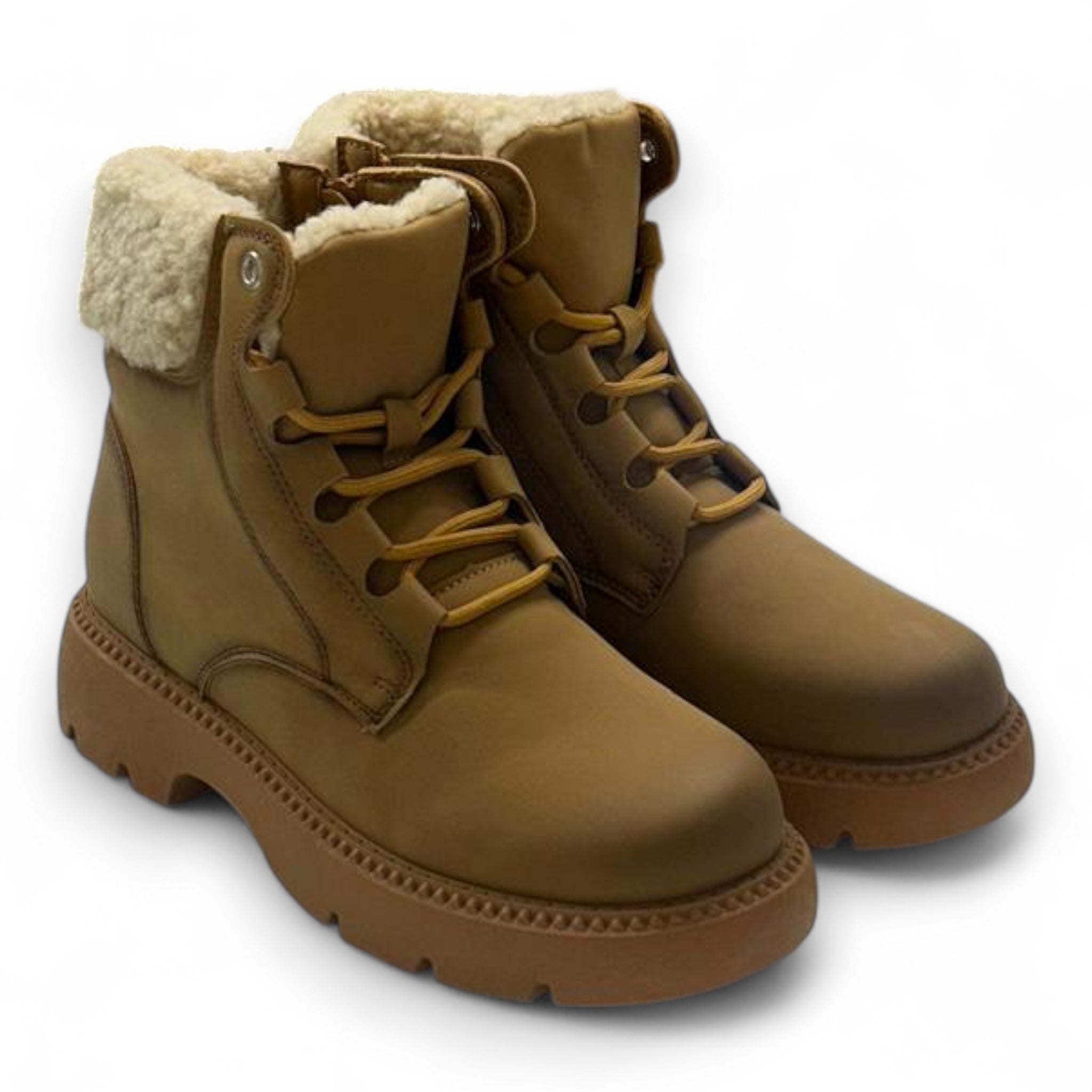 Ladies Tan fleece-lined ankle boots with side zip and warm faux fur collar – stylish winter boots for women.
